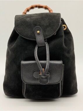 Vintage Gucci Black Suede Backpack with Bamboo Top Handle